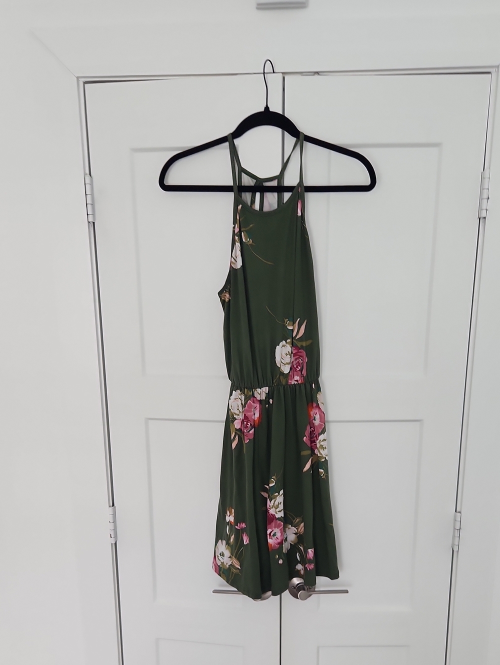 French Grey Olive Green Floral Mini Dress with Pink & White Flowers